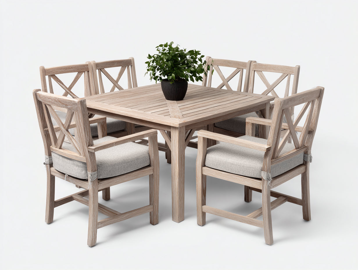 Salon de jardin repas - Bois massif - 150 x 150 x 76 cm - Bois blanchi-Gris clair - Style campagne chic
