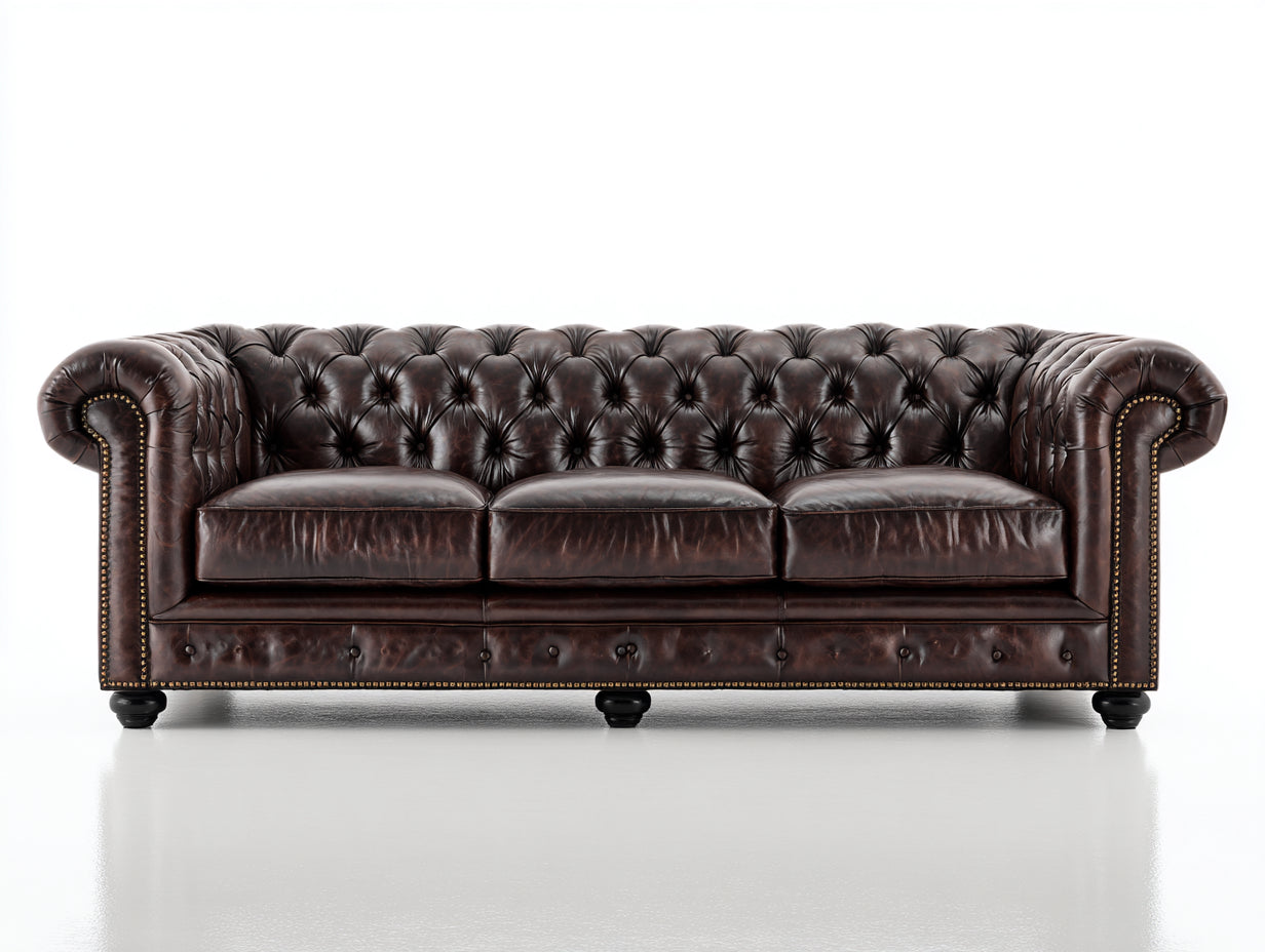 Canapé 3 places - Cuir synthétique - Bois - 260 x 108 x 92 cm - Marron foncé - Style Chesterfield