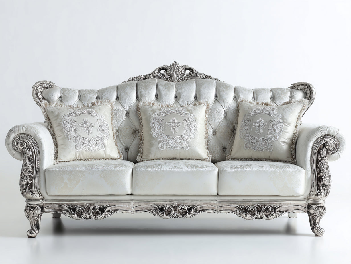 Canapé 3 places - Tissu - Bois - 235 x 95 x 105 cm - Blanc - Style baroque